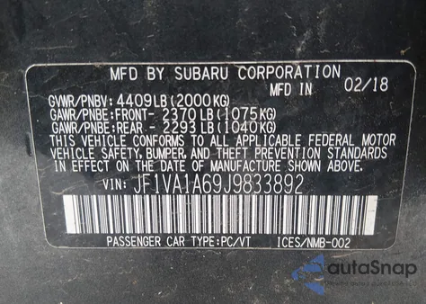 2018 Subaru Wrx из США, поврежденный, VIN JF1VA1A69J9833892